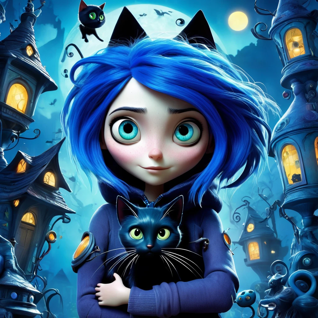 Coraline Jones: The blue-haired one with a curious look and a black cat in her arms, exploring the mysterious house with magic portals. Cold colors and gothic features.