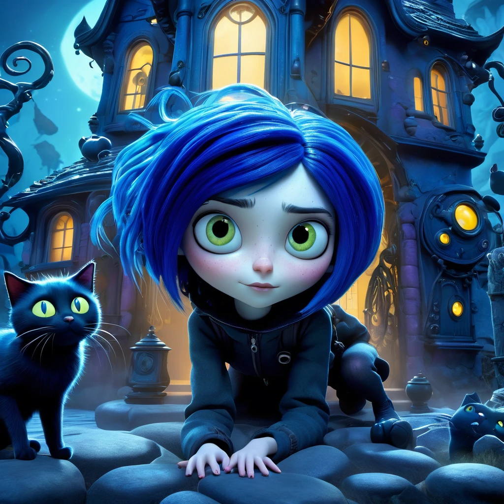 Coraline Jones: The blue-haired one with a curious look and a black cat in her arms, exploring the mysterious house with magic portals. Cold colors and gothic features.