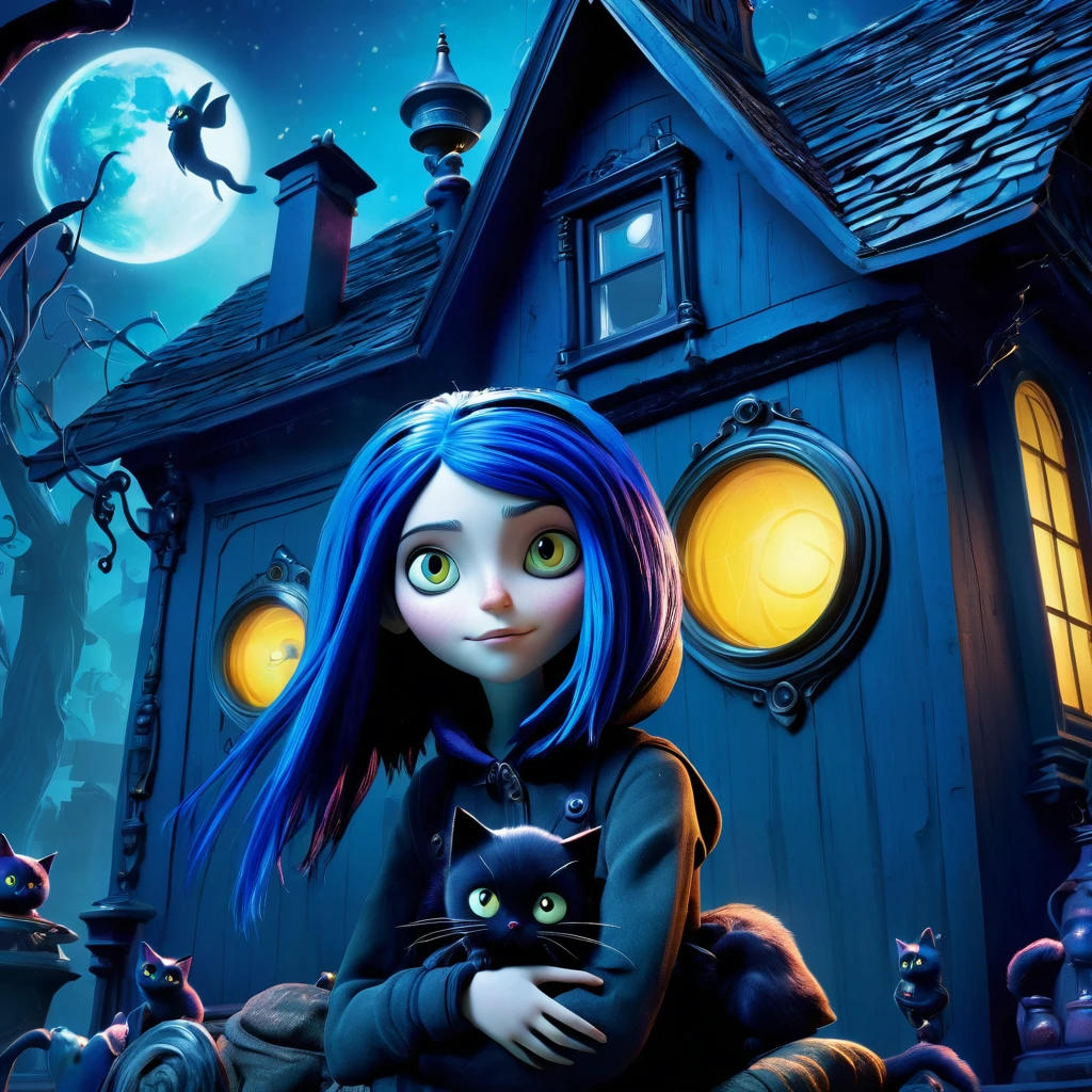 Coraline Jones: The blue-haired one with a curious look and a black cat in her arms, exploring the mysterious house with magic portals. Cold colors and gothic features.