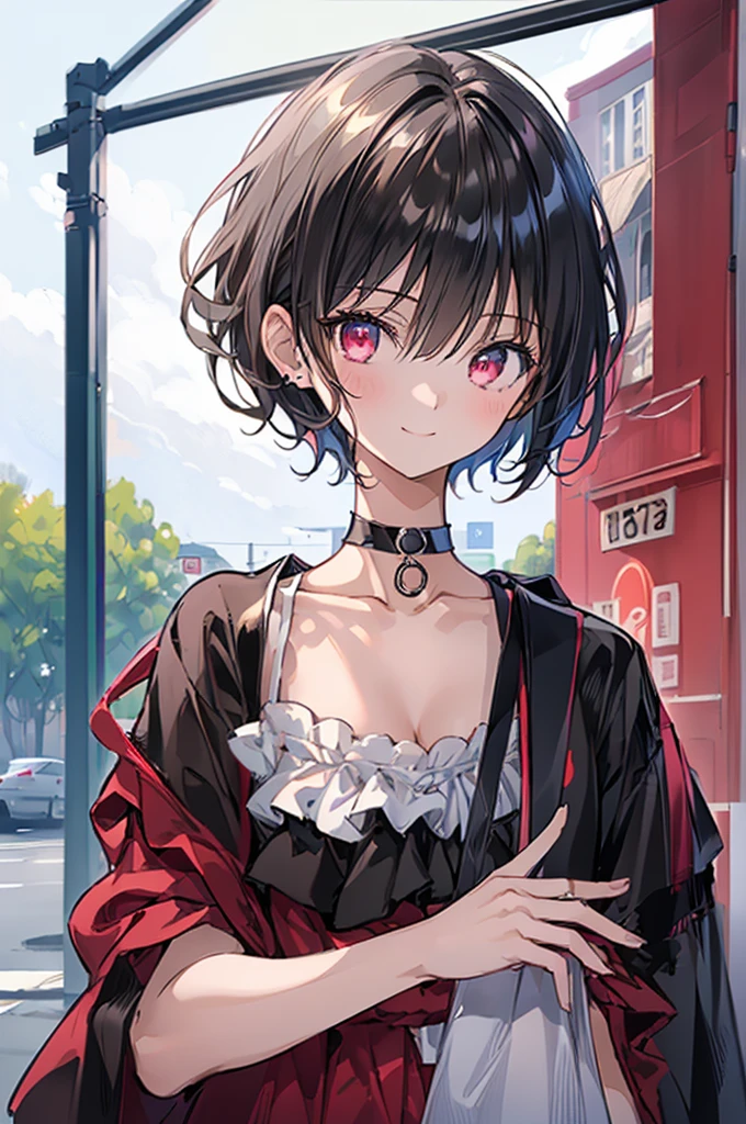 (masterpiece, highest quality, highest quality, (No text), Beautiful and aesthetic:1.2),No text,アニメ、BREAK,One Girl,Black Hair Girl short hair older sister choker Tree Eyes Beautiful eyes Red eyes cool smile Red and Black Black jacket mini skirt whole body In town
