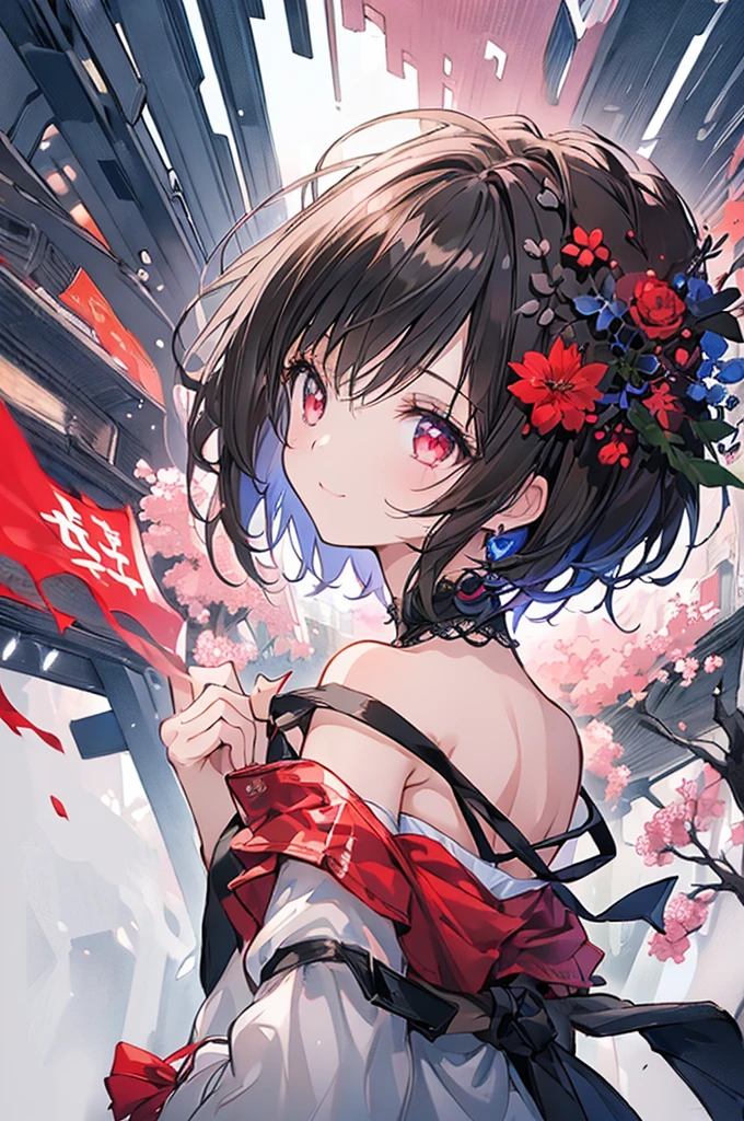 (masterpiece, highest quality, highest quality, (No text), Beautiful and aesthetic:1.2),No text,アニメ、BREAK,One Girl,Black Hair Girl short hair older sister choker Tree Eyes Beautiful eyes Red eyes cool smile Red and Black Black jacket mini skirt whole body In town