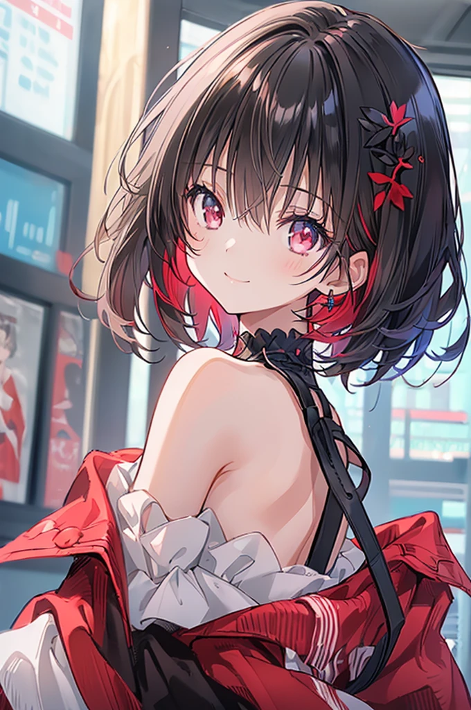 (masterpiece, highest quality, highest quality, (No text), Beautiful and aesthetic:1.2),No text,アニメ、BREAK,One Girl,Black Hair Girl short hair older sister choker Tree Eyes Beautiful eyes Red eyes cool smile Red and Black Black jacket mini skirt whole body In town