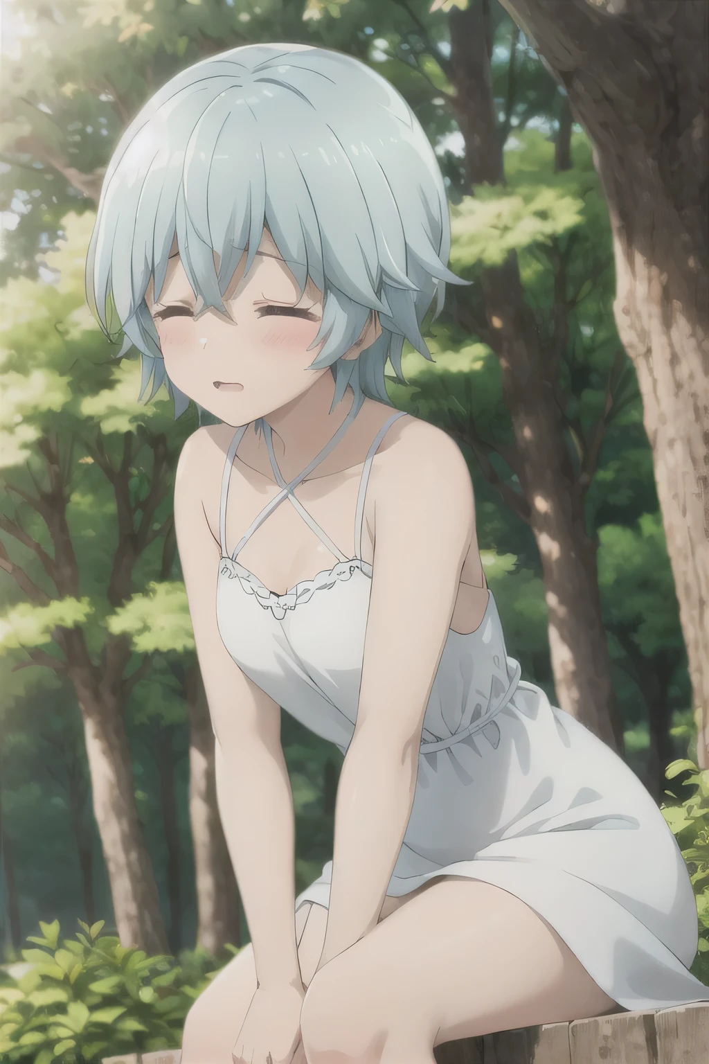 Sunlight,forest,Blue Hair,Close your eyes and act cute,Slightly blush,White Dress