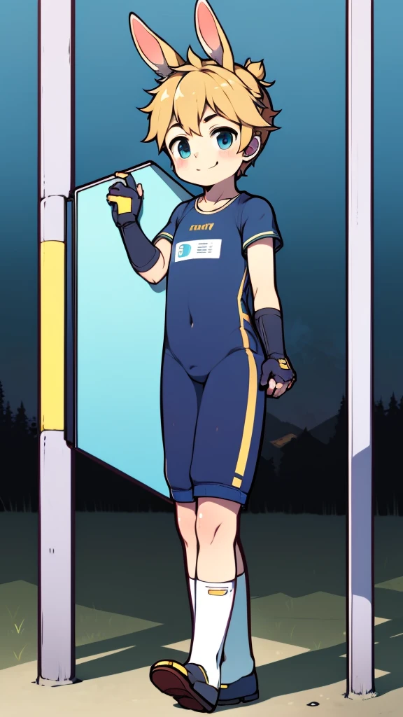 ((A young boy)),(Youthful feeling),One-piece mountaineering suit,Slender figure,Healthy limbs,Goggles,Fingerless gloves,Cotton socks,Short sleeve,stand up,Smile,Rabbit ears,Rabbit Tail