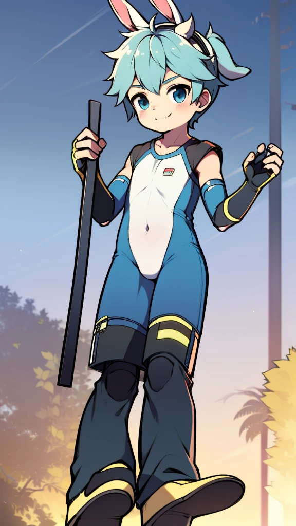 ((A young boy))，(Youthful feeling)，One-piece mountaineering suit，Slender figure,Healthy limbs，Goggles，Fingerless gloves，Cotton socks，Short sleeve，stand up，Smile，Rabbit ears，Rabbit Tail