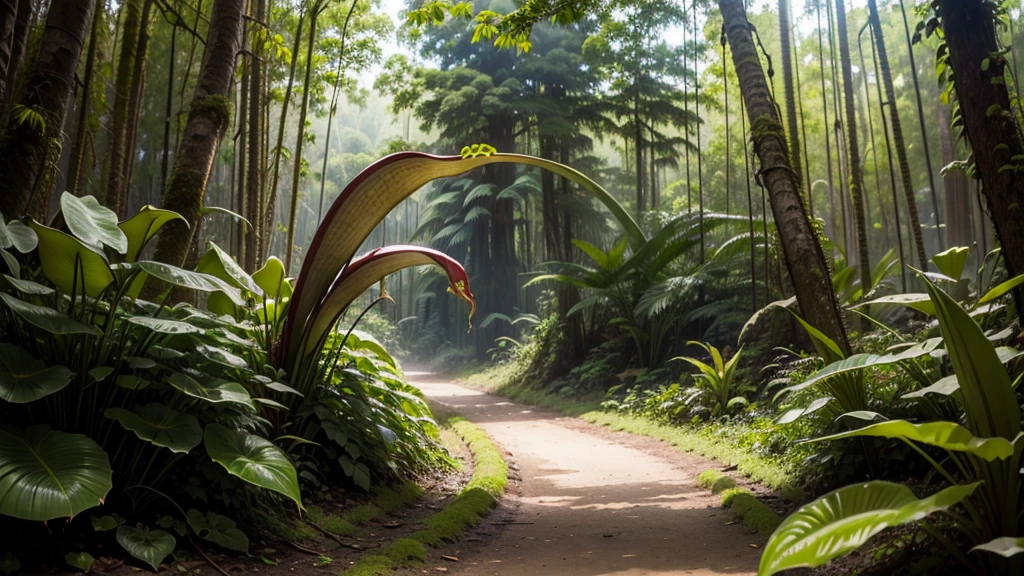 (tropical pitcher plants :1.1),with a large mouth and sharp teeth.,in the forest, landscape:1.5