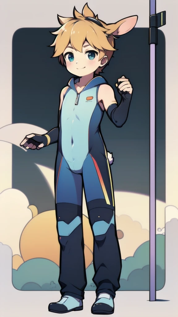 ((A young boy)),(Youthful feeling),One-piece mountaineering suit,Slender figure,Healthy limbs,Goggles,Fingerless gloves,Cotton socks,Short sleeve,stand up,Smile,Rabbit ears,Rabbit Tail
