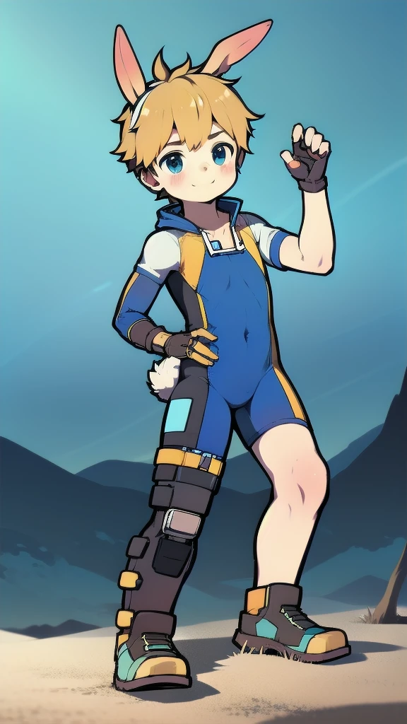 ((A young boy)),(Youthful feeling),One-piece mountaineering suit,Slender figure,Healthy limbs,Goggles,Fingerless gloves,Cotton socks,Short sleeve,stand up,Smile,Rabbit ears,Rabbit Tail