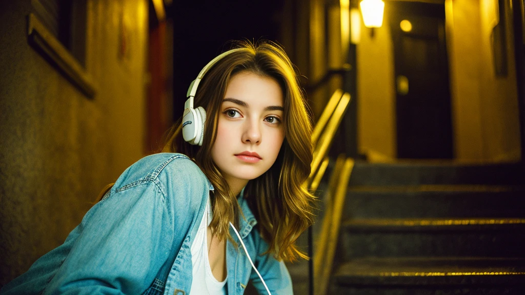 Beautiful blonde with big breasts in casual mode (Stairs of a Western-style building late at night、sit),Wearing headphones,Very detailed, 21 years old, Innocent face, Naturally Wavy Hair, blue eyes, High resolution, masterpiece, Highest quality, Intricate details, Very detailed, Clear focus, Delicate skin, practical skin texture, texture, Delicate eyes, Professional, 4K, Sad face,despair、 Shot with Canon, 85mm, Shallow and deep, Kodak Vision Color, Exactly, Very detailed, photograph_\(Extremist\), photographpractical, practical, Post-processing, Maximum details, Roughness, Real Life, Extremist practical, Photorealism, photographgraphy, 8K Ultra HD, photographgraphy