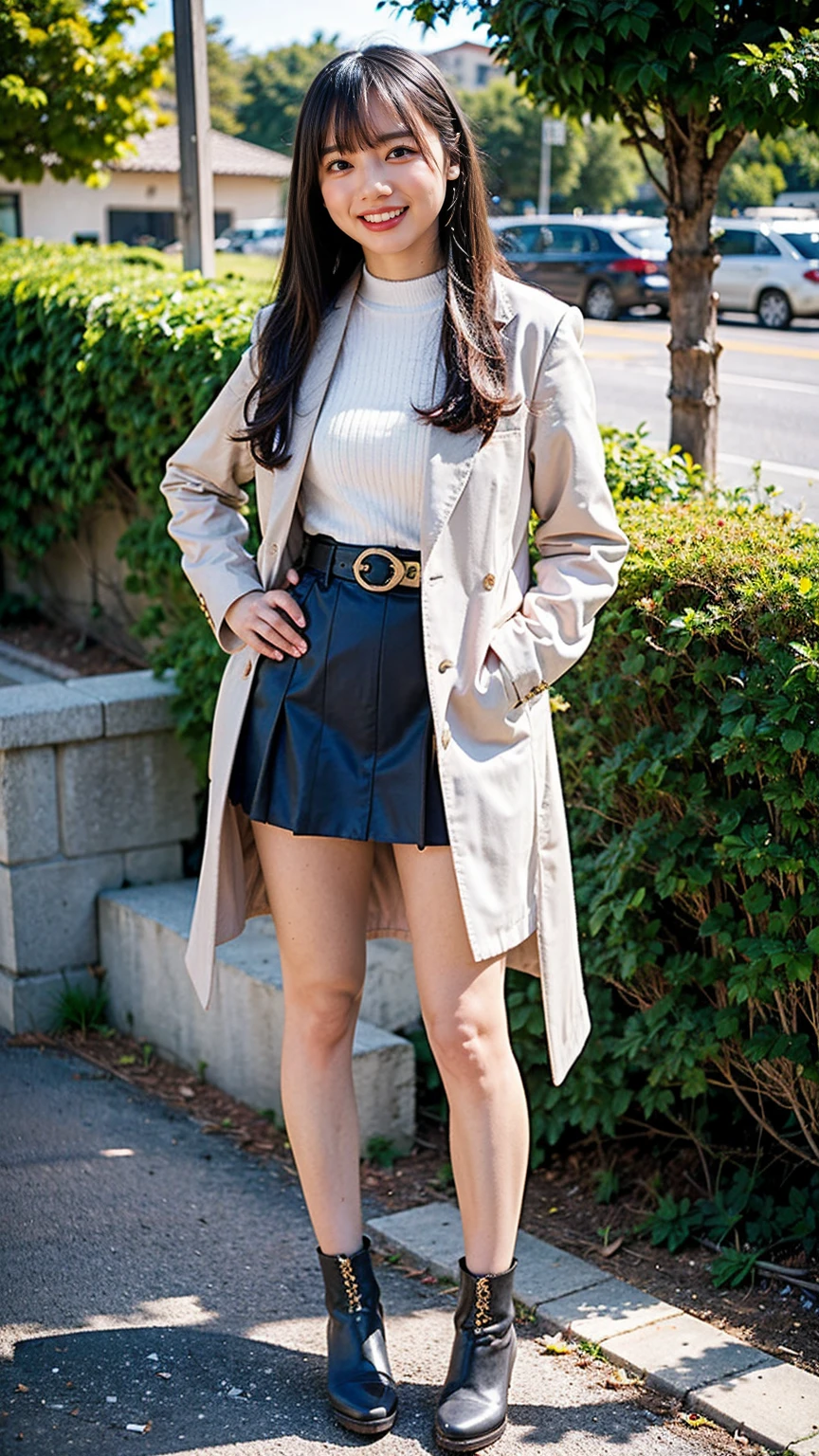 (8K、RAW Photos、Highest quality、masterpiece:1.2)、(Realistic、Realistic)、1 Girl、((Check mini skirt、Long coat、Medium Hair、black、Thin legs、whole body、boots、blackいコート、one piece、tights、garden、View from the front、smile、Looking into the camera、belt、Stand with hands on hips))、cute