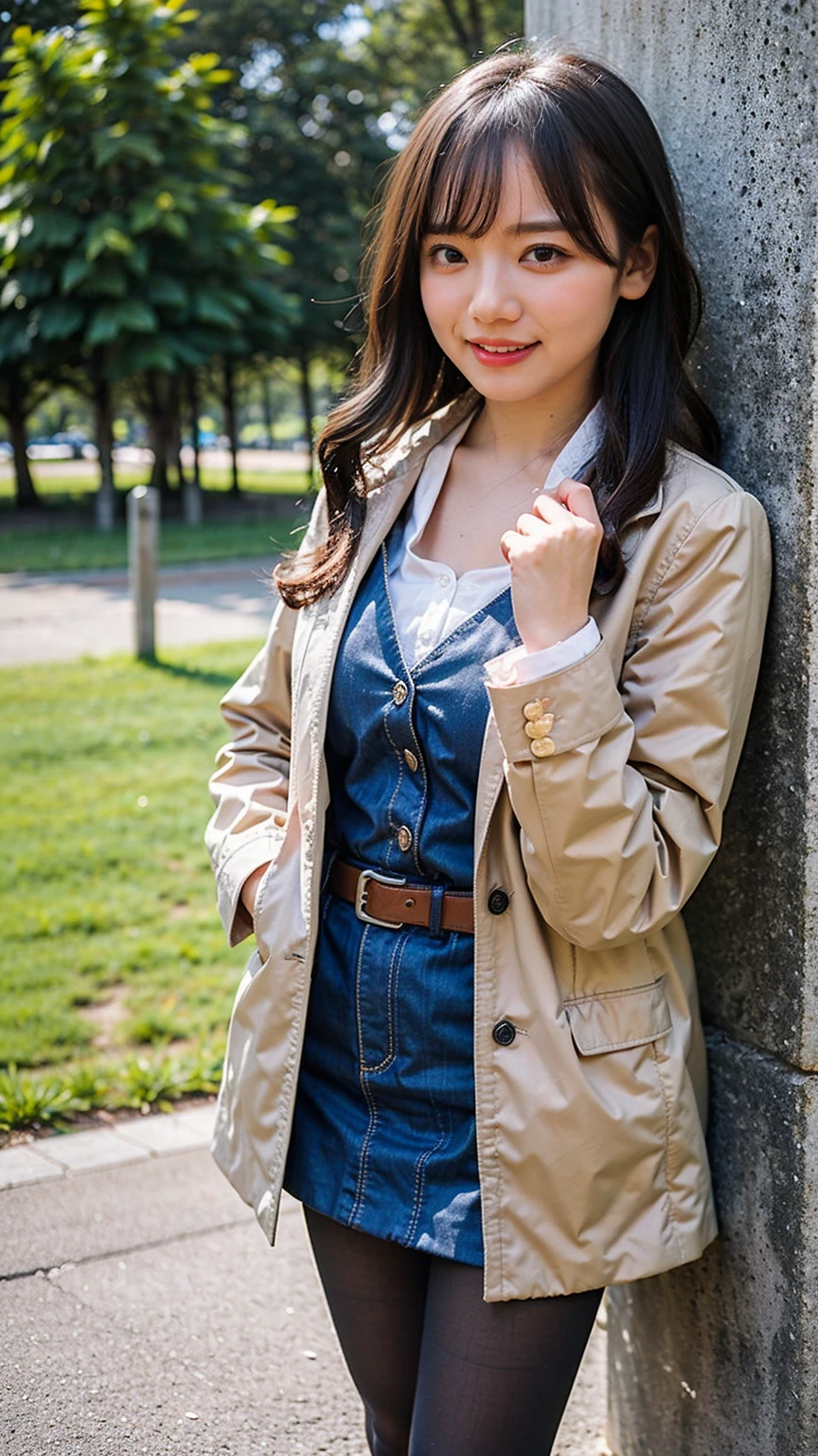 (8K、RAW Photos、Highest quality、masterpiece:1.2)、(Realistic、Realistic)、1 Girl、((Check mini skirt、Long coat、Medium Hair、black、Thin legs、whole body、boots、blackいコート、one piece、tights、garden、View from the front、smile、Looking into the camera、belt、Stand with hands on hips))、cute