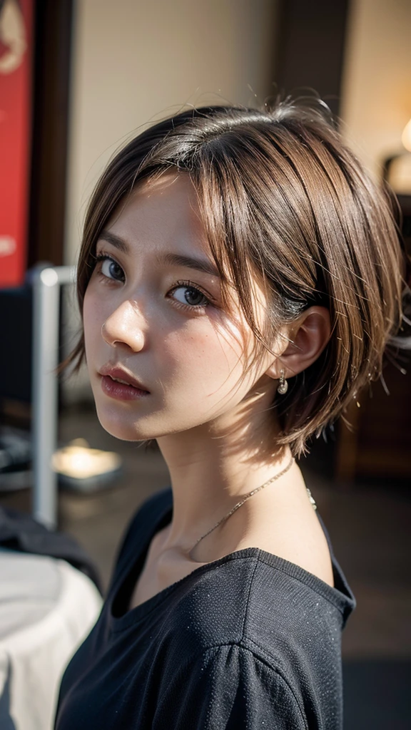8k, highest quality, tabletop:1.2, (realistic, photorealistic:1.37), highest quality, beautiful young woman, pensive expression, gentle eyes, shy, short hair, blonde, disheveled mood, cinematic background, fair skin tone