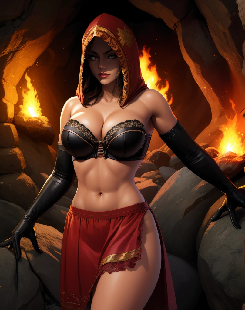 Dsorceress, shadowy face,dark cave, fire, hood, shadowed face, strapless bra, slim and athletic body, miniskirt, no panty, elbow gloves, dark skin, 1 girl (insanely detailed, masterpiece, best quality)