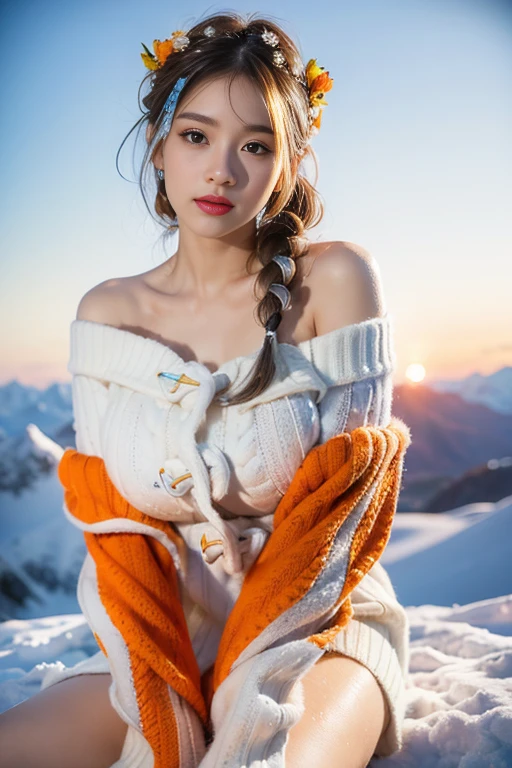 ,(3D Realistic Photography:1.3),(Make the subject look three-dimensional with the contrast of light and shadow),(((With the sunset in the background))),(((Winter snowy mountain climbing scenery:1.3))),cute and beautiful adult woman,Cute round face,Cute smile,with blush cheeks,Red Lip,(((Orange Open Short Duffle Coat:1.3))),(((Off-white off-shoulder sweater dress:1.3))),Knitted hats,long boots,gloves,(silver white hair,Floral braided headband,half up、Floral Braided Space Van,Voluminous Fishtail Braids,Twisted chignon,),(Bangs are see-through bangs),hair pin,hair adornments,(((Emphasize large breasts:1.3))),breast slip,detailed clothes features,Detailed hair features,detailed facial features,(Dynamic angles),(Dynamic and sexy poses),profetional lighting,Cinematic Light,(masutepiece,top-quality,Ultra-high resolution output image,) ,(The 8k quality,depth of fields,Anatomically accurate facial structure,),(Sea Art 2 Mode:1.3),(Image Mode Ultra HD,)