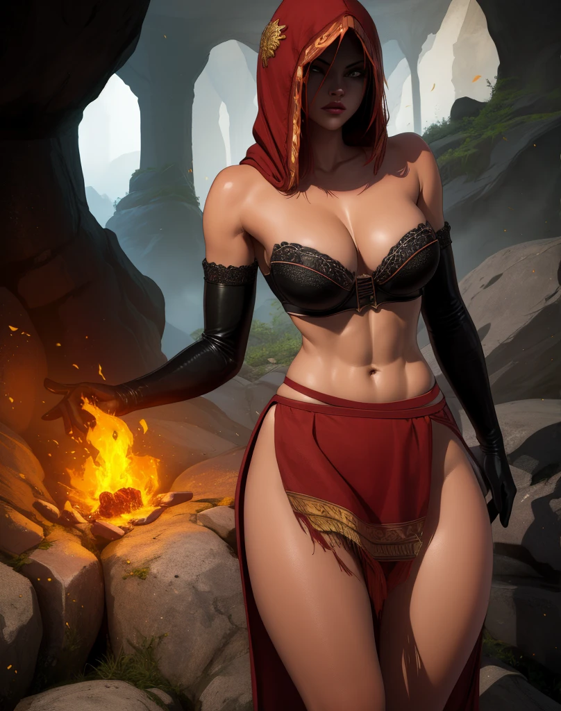 Dsorceress, shadowy face,dark cave, fire, hood, shadowed face, strapless bra, slim and athletic body, miniskirt, no panty, elbow gloves, dark skin, 1 girl (insanely detailed, masterpiece, best quality)