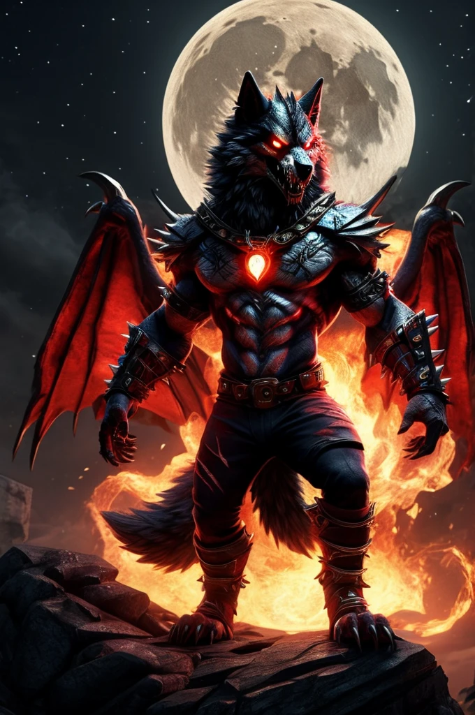 A 3d bloody red and white wolf demon anthro human boy, with ancient words on its back with sharp claws, sharp teeth, tattoos, fantasy, punkstyle, with ear piercing, standing straight up, zoomed out, add some scars on its face, add spikes on along its back, showing its stomach, with a moon in the background, with tattoos on its arm, and skull on its shoulder, can you add some magical flames around it, Change its expression to fierce or mysterious, can you add some orange flames around it, add some scars on its body, add wings, with a dark background with stars and the blood moon, make the eyes look devil red, add a Wolf tail with red stripes and white fur on its back, poking its belly, add spikes to its arms, add a Wolf Amulet around its neck glowing, 8k realistic