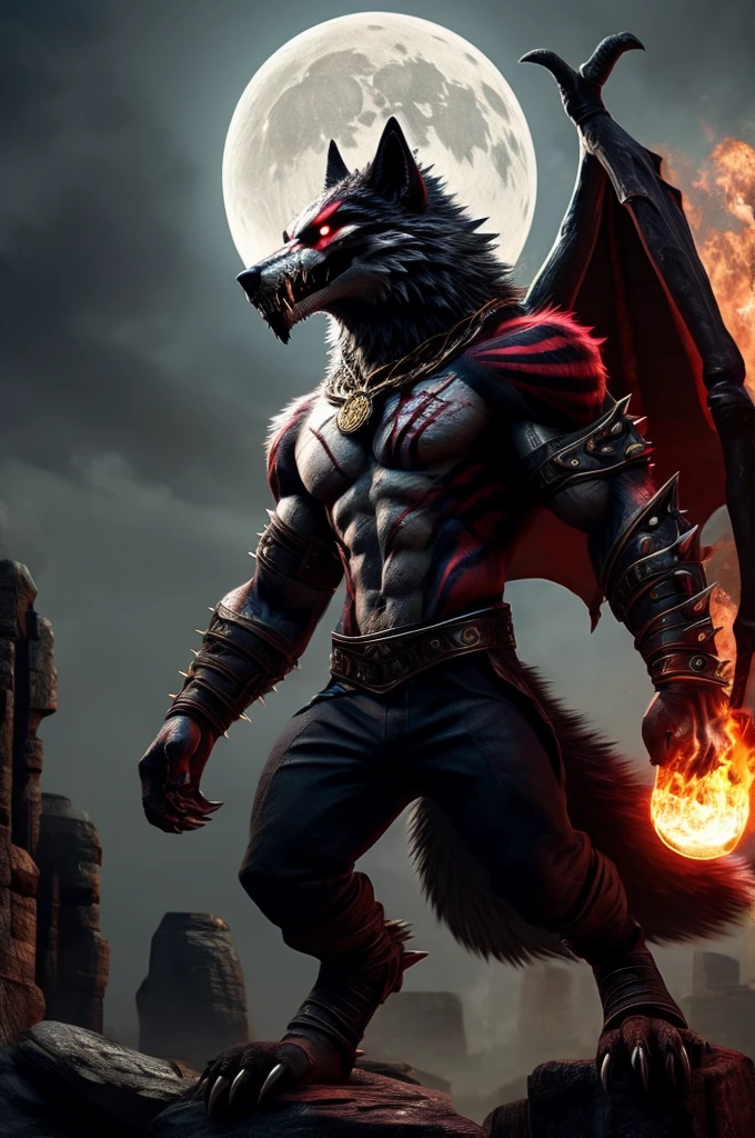 A 3d bloody red and white wolf demon anthro human boy, with ancient words on its back with sharp claws, sharp teeth, tattoos, fantasy, punkstyle, with ear piercing, standing straight up, zoomed out, add some scars on its face, add spikes on along its back, showing its stomach, with a moon in the background, with tattoos on its arm, and skull on its shoulder, can you add some magical flames around it, Change its expression to fierce or mysterious, can you add some orange flames around it, add some scars on its body, add wings, with a dark background with stars and the blood moon, make the eyes look devil red, add a Wolf tail with red stripes and white fur on its back, poking its belly, add spikes to its arms, add a Wolf Amulet around its neck glowing, 8k realistic