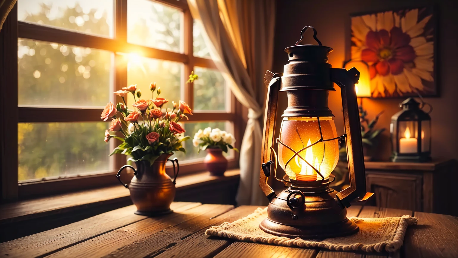 A lantern sits on a table next to a vase of flowers., Warm ambient light, Warm and beautiful scenery, Soft and warm light, pleasant Cozy atmosphere, Warm lantern lighting, Warm lighting, Warm lighting inside, Cozy atmosphere, Cozy atmosphere, Warm ambient lighting, Warm glow from the lights, Warm natural light, Cozy home background, Warm lighting interior, Warm glow