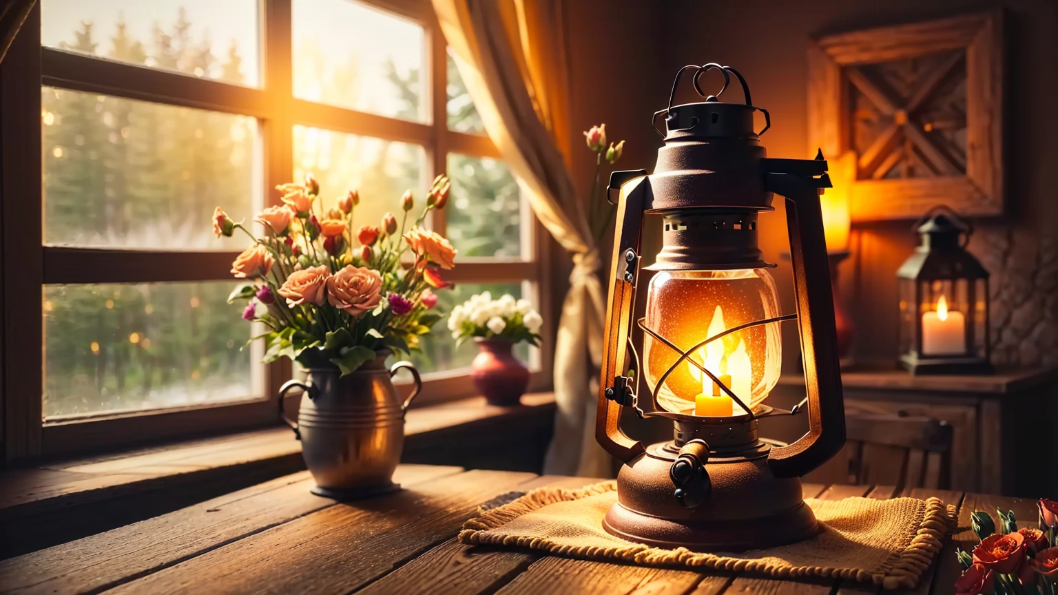 A lantern sits on a table next to a vase of flowers., Warm ambient light, Warm and beautiful scenery, Soft and warm light, pleasant Cozy atmosphere, Warm lantern lighting, Warm lighting, Warm lighting inside, Cozy atmosphere, Cozy atmosphere, Warm ambient lighting, Warm glow from the lights, Warm natural light, Cozy home background, Warm lighting interior, Warm glow