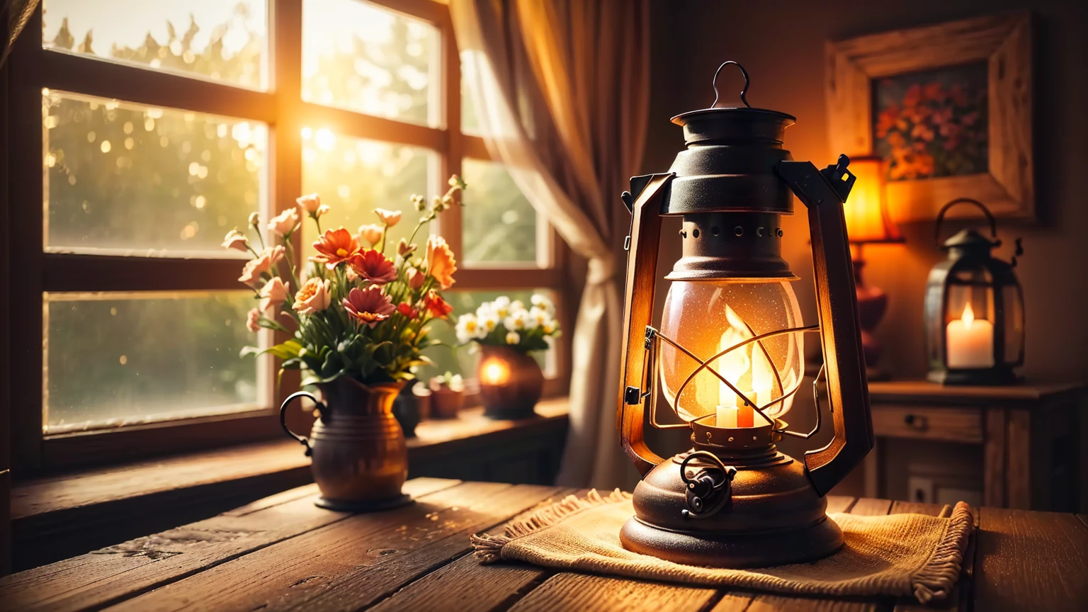 A lantern sits on a table next to a vase of flowers., Warm ambient light, Warm and beautiful scenery, Soft and warm light, pleasant Cozy atmosphere, Warm lantern lighting, Warm lighting, Warm lighting inside, Cozy atmosphere, Cozy atmosphere, Warm ambient lighting, Warm glow from the lights, Warm natural light, Cozy home background, Warm lighting interior, Warm glow