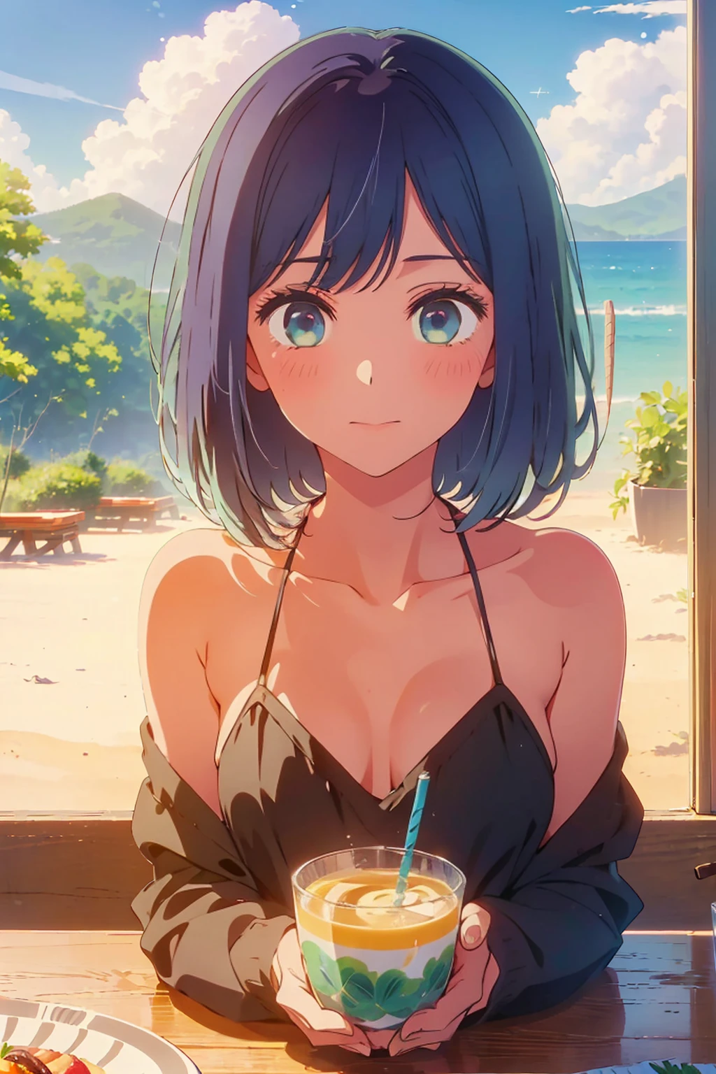 (Highest quality:1.4、masterpiece:1.4、Super detailed:1.4、8K:1.4)、F cup bust、Big Breasts、Slim body、((((1 person、Surprised expression、sit、Outdoor café terrace、coastal、juice、table、Sandy Beach、bikini、juiceのグラスを持つ、Big eyes、Shallow depth of field、Very cute face))))、sunset、Sunset