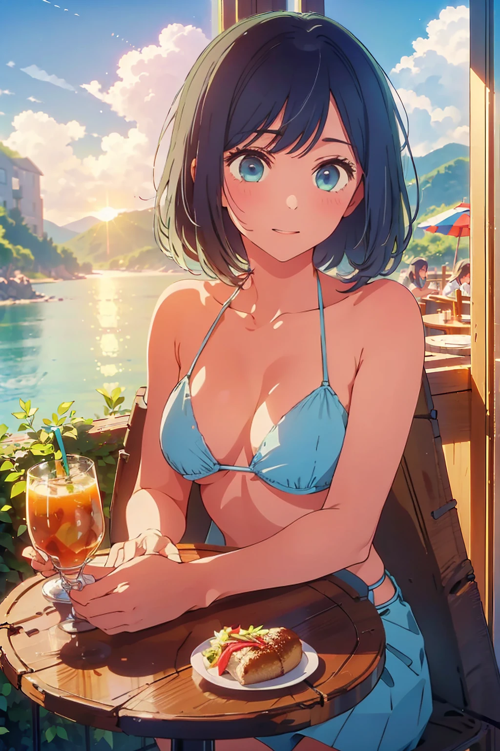 (Highest quality:1.4、masterpiece:1.4、Super detailed:1.4、8K:1.4)、F cup bust、Big Breasts、Slim body、((((1 person、Surprised expression、sit、Outdoor café terrace、coastal、juice、table、Sandy Beach、bikini、juiceのグラスを持つ、Big eyes、Shallow depth of field、Very cute face))))、sunset、Sunset