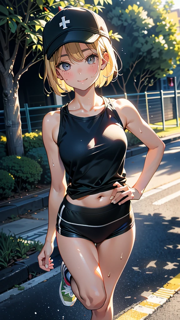 (best quality:1.2), 1girl, (masterpiece:1.2), raytracing, cute face, perfect face, ultra detailed,detailed face, 8k wallpaper,(wide hips:1.2), absurd res, BakugouMitsuki_NDV, 1girl, red eyes, blonde hair, large breasts, short hair, mature female, spiked hair, outdoor, smile, sitting, yoga pants, crop top