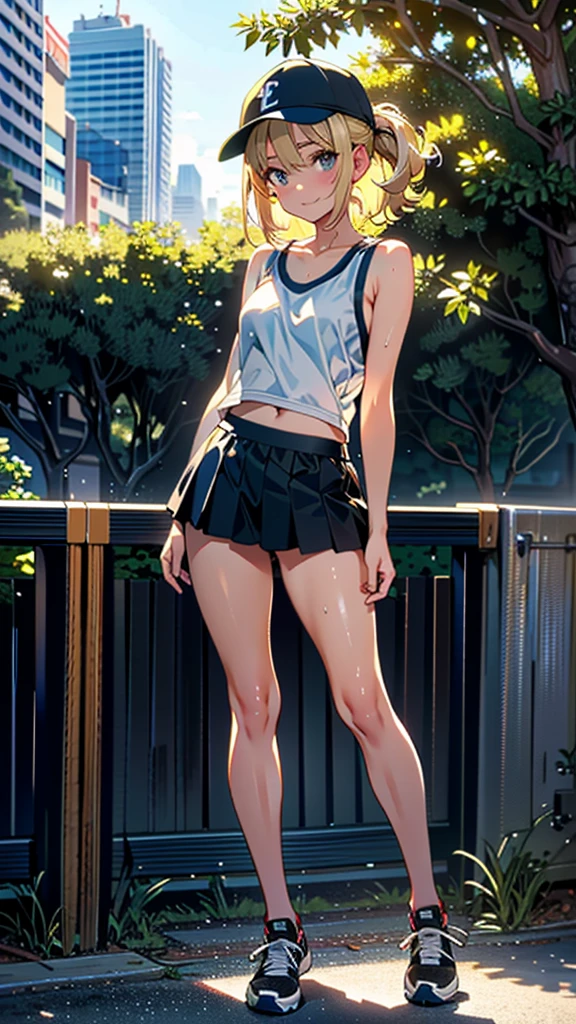 (8K, RAW Photos, 最high quality, masterpiece:1.2), high qualityのRAWカラー写真, Professional photo shoot, Cinematic Light, alone, (((young woman, Gal))), (Sharp features), (Small face), (Skin with attention to detail:1.2), clavicle, Cute face, beautiful appearance, Long eyelashes,Girl Turning Around, smile, (Blonde, short hair), Tank top, Tight high leg panties, Birds chirping, Confident attitude, Capture the happy moment, Artistic painting,Attractive thighs, sneakers:1.2, (Very nice touch:1.2),はにかんだsmile), Peaceful atmosphere, Oil painting style, Bright colors, (Are standing:1.5, lean on a tree, Full body portrait), Smooth texture, Gazing Eyes, beautiful Skin, Shiny skin, ((Perfect Fingers, Five Fingers, Anatomically correct)), Background Blur, high quality, Surreal, ((Very detailed, photo shoot)),thin、Run 、beautiful Abs、Baseball cap、Sweaty、beautiful 、My whole body is wet with sweat、Sparkling Eyes、Showing her boobs、Sunburn、Dark Skin、Run、beautiful腹筋、Sweat flowing、Sporty body type、running