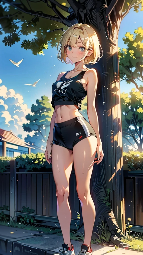 (8K, RAW Photos, 最high quality, masterpiece:1.2), high qualityのRAWカラー写真, Professional photo shoot, Cinematic Light, alone, (((young woman, Gal))), (Sharp features), (Small face), (Skin with attention to detail:1.2), clavicle, Cute face, beautiful appearance, Long eyelashes,Girl Turning Around, smile, (Blonde, short hair), Tank top, Tight high leg panties, Birds chirping, Confident attitude, Capture the happy moment, Artistic painting,Attractive thighs, sneakers:1.2, (Very nice touch:1.2),はにかんだsmile), Peaceful atmosphere, Oil painting style, Bright colors, (Are standing:1.5, lean on a tree, Full body portrait), Smooth texture, Gazing Eyes, beautiful Skin, Shiny skin, ((Perfect Fingers, Five Fingers, Anatomically correct)), Background Blur, high quality, Surreal, ((Very detailed, photo shoot)),thin、Run 、beautiful Abs、Baseball cap、Sweaty、beautiful 、My whole body is wet with sweat、Sparkling Eyes、Showing her boobs、Sunburn、Dark Skin、Run、beautiful腹筋、Sweat flowing、Sporty body type、running