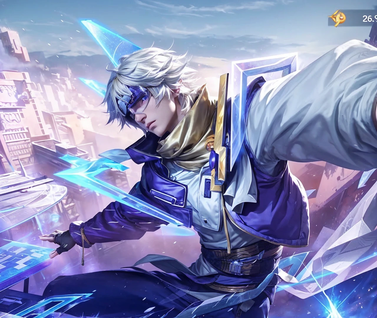 a man with long blond hair wearing a naruto headband, detailed face, piercing blue eyes, chiseled jawline, muscular body, dynamic action pose, explosions and fire effects in the background, highly detailed, vibrant colors, cinematic lighting, 8k, unreal engine, photorealistic