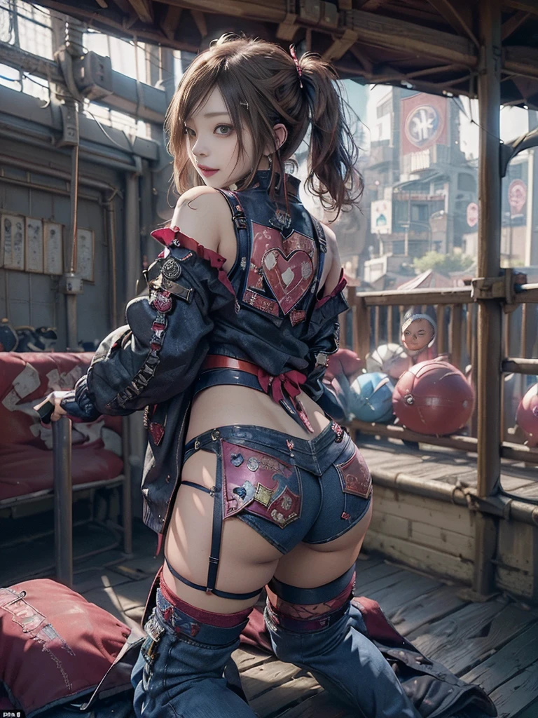 (Full Body View:1.2)、(Back view:1.3)、(Smiling with teeth showing:1.3),(Shibuya Gal:1.5)、(Beautiful:1.4)、(Neo-Goth Fashion:1.5)、(Punk RockVisual Kei:1.3)、(Futuristic red, magenta, denim and navy blue bodysuit:1.5)、(Delicate red and magenta cardigan:1.5)、(Gorgeous decorated corset:1.4)、(Navy garter belt:1.5)、(Red and magenta cargo pants:1.3)、(Heart-shaped silver accessories:1.5)、(Brown Skin Belt:1.4)、(Red high heels:1.4)、(Lace underwear:1.4)、20-year-old、Browsing Caution,((Highest quality、In 8K、masterpiece:1.3))、Sharp focus:1.2、(Layered Cut、Huge breasts:1.1),Beautiful woman with perfect figure:1.4、(Dance vigorously:1.3)、Slim Abs:1.2、Butt、Highly detailed face and skin texture、Fine grain、double eyelid,(Twin tails:1.3)、(Brown blonde:1.3)、Obscene、Idol Sculpture、(In the background is a gorgeous medieval metropolis on a sunny day:1.3)、(Slimming your legs:1.4)、(The body is slim:1.3)、(clavicle:1.1)