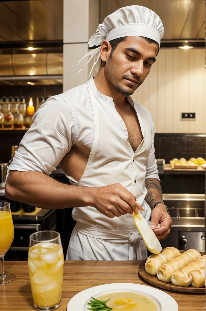 a man is preparing a menu for a rolls restaurant, he is wearing a white headdress, preparing fish rolls with an unusual texture, they look very appetizing, there are yellow drinks nearby, the shot is very effective, it looks like a realistic fresh dish,