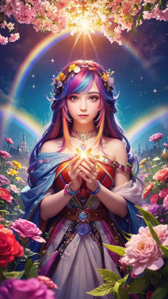 The image you provided appears to be a digital artwork featuring a character with vibrant, multi-colored hair holding a crystal. The background is filled with colorful elements like rainbows and flowers, creating a whimsical and fantastical atmosphere.
Waiting to start 
