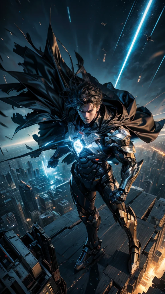 Masterpiece, best quality, NVIDIA RTX, sharp picture, cinematic lightning, hi-tech futuristic Superman, Superman symbol, floating, perfect face, proportional body, luminous mecha-armor:1.3, glowing mecha armor:1.3, (cape blown by strong winds:1.3), on top of a bulding, full body, epic lights reflection, night, smokes, from above