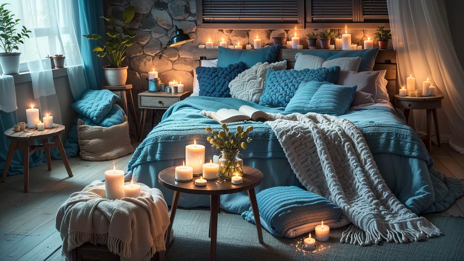 A bedroom with a blue bed and a blue blanket and lit candles, Cozy candlelight, Cozy and quiet atmosphere, Cozy atmosphere, room full of candles, Cozy and calm, Candlelit, Pleasant lighting, Pleasant lighting, Cozy home background, Cozy atmosphere, Cozy atmosphere, Pleasant atmosphere, Cozy place, Comfortable bed, Pleasant atmosphere, Cozy atmosphere