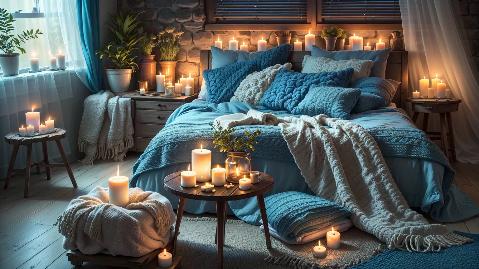 A bedroom with a blue bed and a blue blanket and lit candles, Cozy candlelight, Cozy and quiet atmosphere, Cozy atmosphere, room full of candles, Cozy and calm, Candlelit, Pleasant lighting, Pleasant lighting, Cozy home background, Cozy atmosphere, Cozy atmosphere, Pleasant atmosphere, Cozy place, Comfortable bed, Pleasant atmosphere, Cozy atmosphere