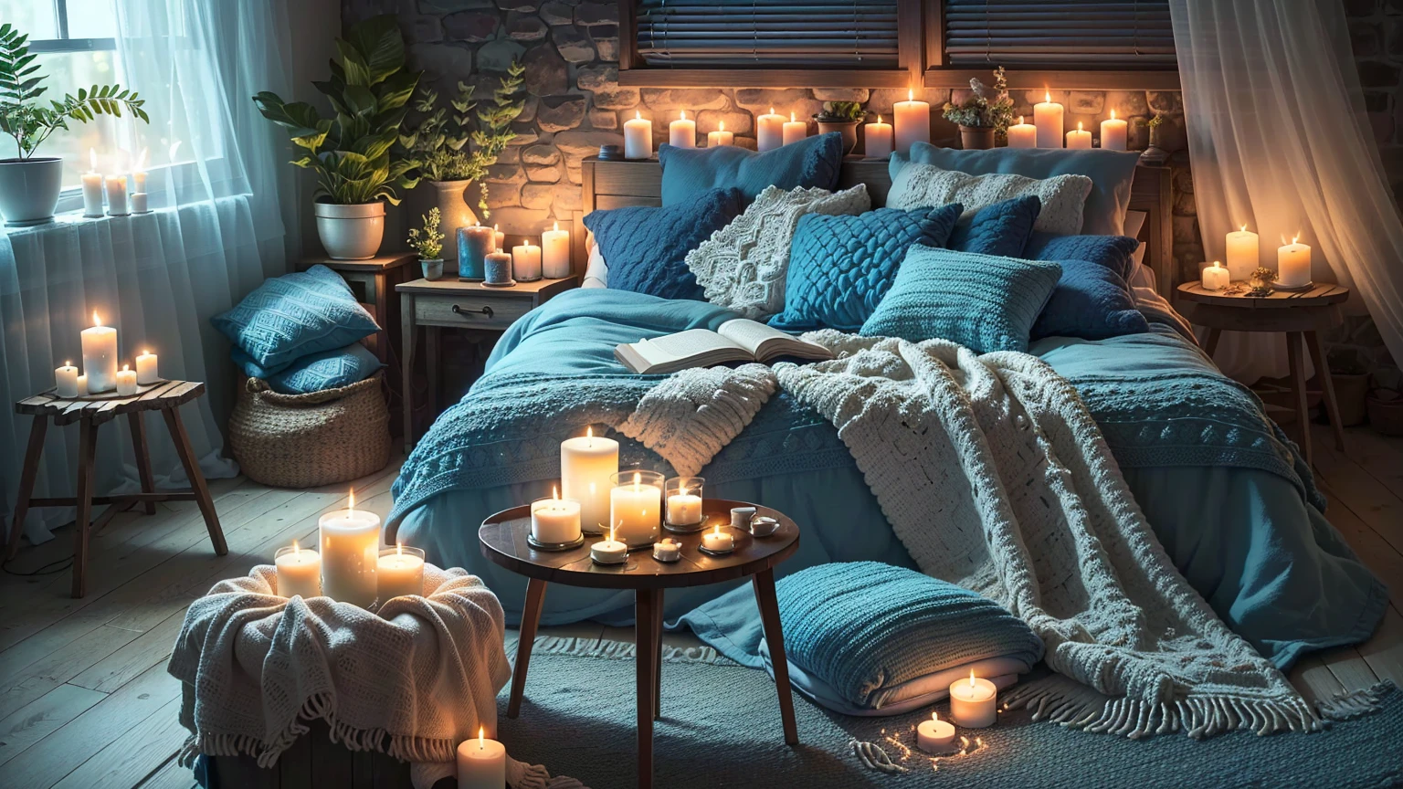 A bedroom with a blue bed and a blue blanket and lit candles, Cozy candlelight, Cozy and quiet atmosphere, Cozy atmosphere, room full of candles, Cozy and calm, Candlelit, Pleasant lighting, Pleasant lighting, Cozy home background, Cozy atmosphere, Cozy atmosphere, Pleasant atmosphere, Cozy place, Comfortable bed, Pleasant atmosphere, Cozy atmosphere