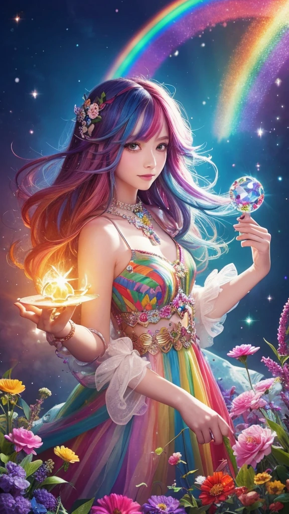 The image you provided appears to be a digital artwork featuring a character with vibrant, multi-colored hair holding a crystal. The background is filled with colorful elements like rainbows and flowers, creating a whimsical and fantastical atmosphere.
Waiting to start