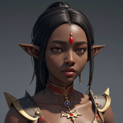 (masterpiece), (best quality),(portrait),(bust up),1girl,solo, animation style render, 3D, (pixer style) ,(clay) ,(sharp focus),(look at viewer),elf, black skin,black hair,(elf girl) ,red eyes, (ancient girl:1), ancient luxurious long clothes,(simple background:1.）
