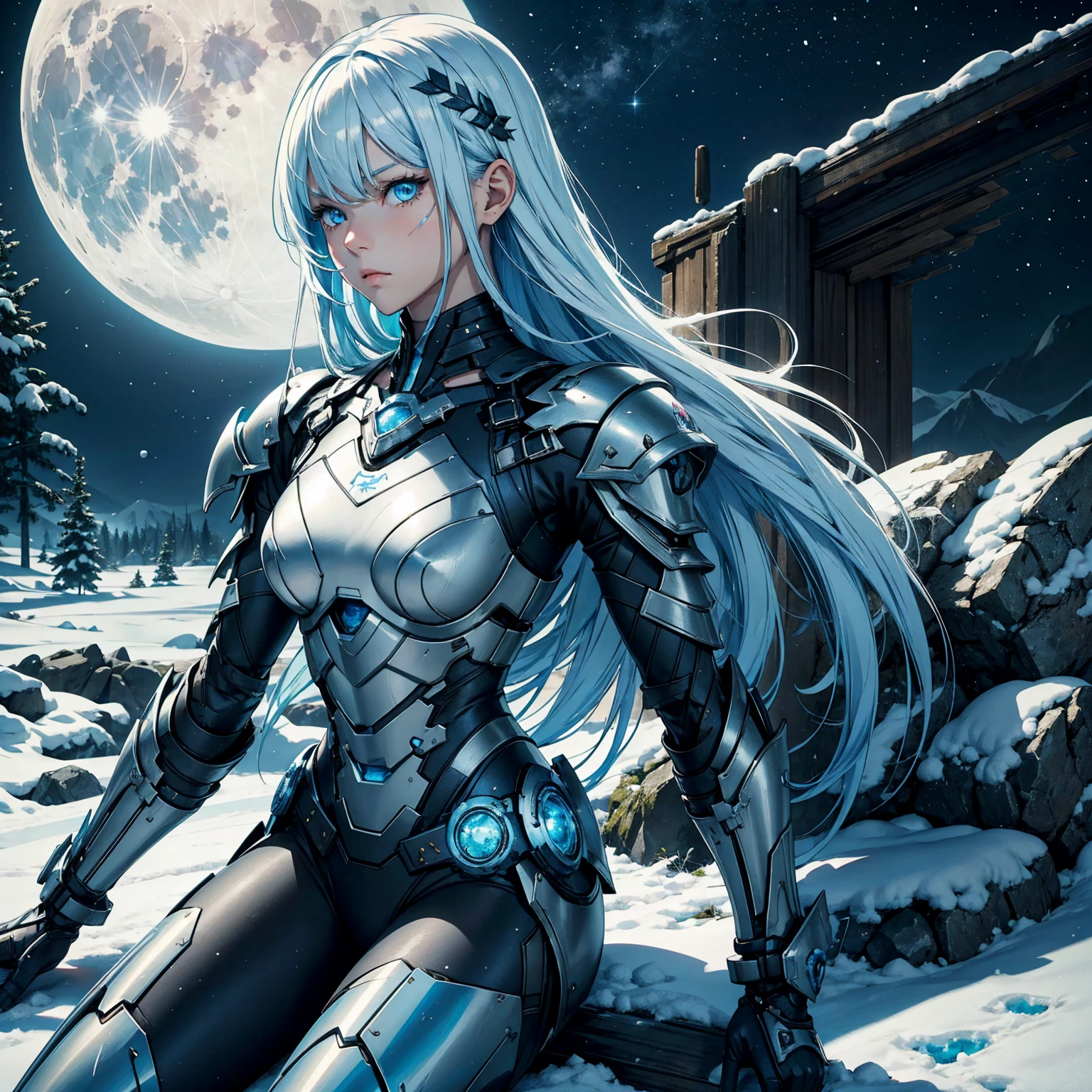 1girl!!!, very long bob hair with bangs, light blue hair, very small breasts, small size, blue eyes, fair skin, very lots of scars on body!, no scars on face!!, serious face, Small battle armor, ice magic, full body, sitting, night, moon, snowy ruin, very sexy body, detailed face, highly detailed, 8k, best quality, masterpiece, vibrant colors, digital art, concept art