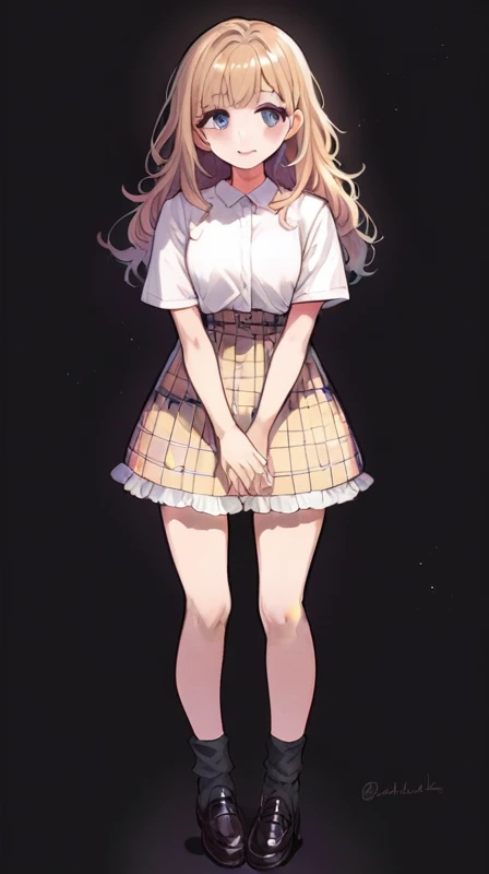anime girl in a short skirt and white shirt standing in front of a black background, anime full body illustration, full body portrait of a short!, digital anime illustration, beautiful anime high school girl, anime visual of a cute girl, anime style illustration, anime girl, (anime girl), portrait anime girl, cute anime waifu in a nice dress, cute anime girl