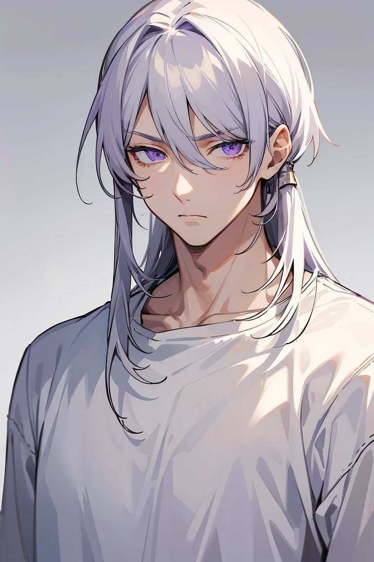 masterpiece, high quality, perfect face, 1man, male, tall, white gray hair, purple eyes, tired eyes, cold stare, white t-shirt, black sweater outer