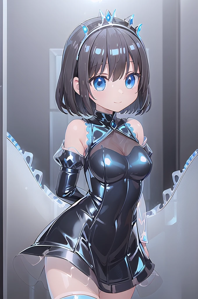 1girl,solo,(standard height),(cowboy shot),standing,(black hair:1.6),(short hair:1.2),(tiara:1.2),(blue eyes:1.2),(beautiful fingers:1.6),(perfect anatomy:1.4),(arms_behind_back:1.6),(cold_shoulder:1.2),BREAK,(blue police uniform:1.6),(leather lace glossy silk lamé:1.6),(blue pencil mini skirt:1.4),(latex luster shiny glossy metallic:1.6),(shiny_clothes:1.6),medium breasts,beautiful breasts,(masterpiece),best quality,(Ultra high definition eyes:1.2),8k,(Beautiful detailed eyes:1.2),(Fine and beautiful eyes:1.2),(pretty eyes:1.2),finely detail,extremely CG, absurdres,high resolution,illustration,Detailed and beautiful outlines,finely detail,high resolution,(colorful refraction:1.4,Increase saturation:1.2),beautiful lighting,dynamic lighting,closed room,black background,simple background, smile,looking at viewer,animemia,blue glove,(white Clear PVC sheets sleeves:1.6),(sheer sleeves:1.6),(see-through sleeves:1.6),(wide sleeves:1.4),(blue thigh boost:1.4)