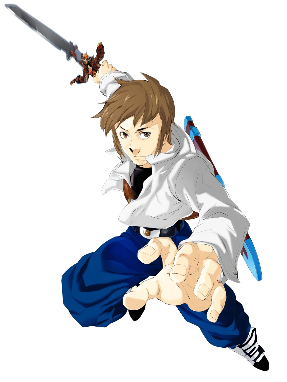 a cartoon image of a man with a sword and a sword, makoto, shinkai makoto, inspired by Sakai Hōitsu, fighting pose, guilty gear art style, inspired by Tsubasa Nakai, jrpg character, fight pose, inspired by Iwao Takamoto, inspired by Tetsugoro Yorozu