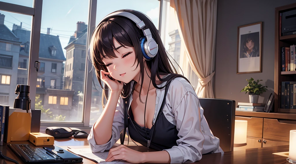 Girl with headphones enjoying music in a home I am studying Emphasize a little bit of the big chest Looking towards me with eyes closed Night Background
