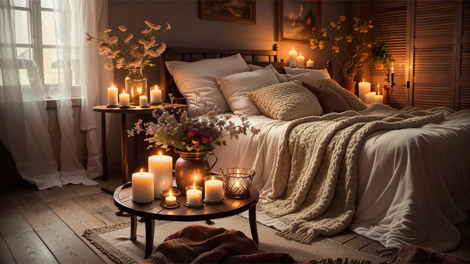 Bedroom with bed and table and lit candles, Cozy atmosphere, Cozy atmosphere, Cozy candlelight, Romantic atmosphere, Cozy and quiet atmosphere, room full of candles, Cozy home background, Romantic atmosphere, Cozy place, Candlelit, Warm and cozy colors, Cozy atmosphere, Pleasant atmosphere, Cozy atmosphere, Cozy and calm, Cozy environment, Cozy rooms