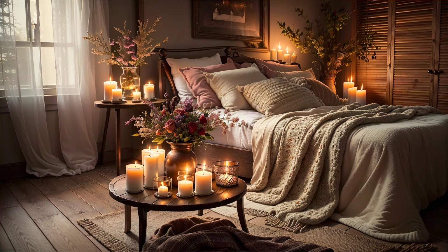 Bedroom with bed and table and lit candles, Cozy atmosphere, Cozy atmosphere, Cozy candlelight, Romantic atmosphere, Cozy and quiet atmosphere, room full of candles, Cozy home background, Romantic atmosphere, Cozy place, Candlelit, Warm and cozy colors, Cozy atmosphere, Pleasant atmosphere, Cozy atmosphere, Cozy and calm, Cozy environment, Cozy rooms