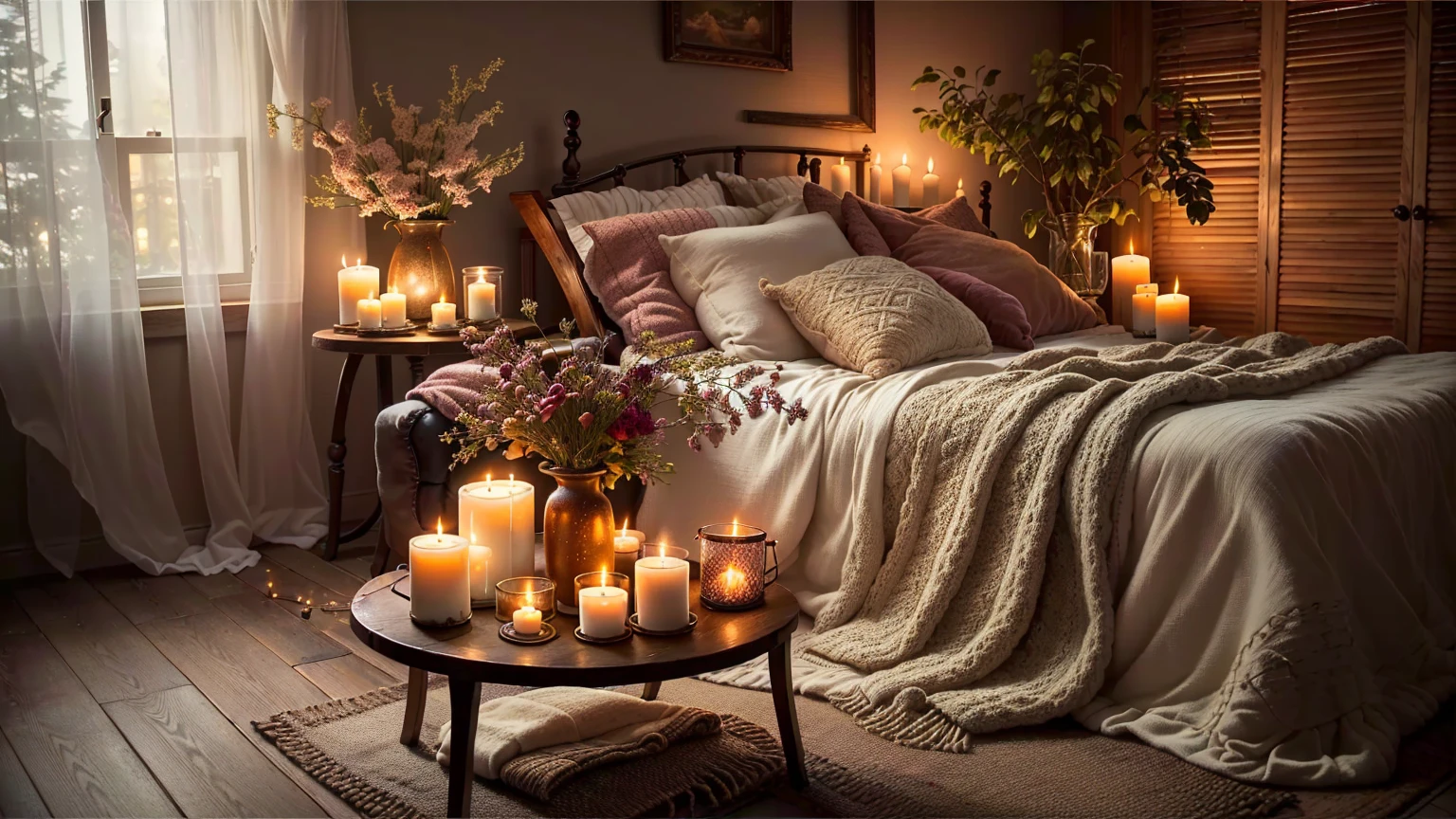 Bedroom with bed and table and lit candles, Cozy atmosphere, Cozy atmosphere, Cozy candlelight, Romantic atmosphere, Cozy and quiet atmosphere, room full of candles, Cozy home background, Romantic atmosphere, Cozy place, Candlelit, Warm and cozy colors, Cozy atmosphere, Pleasant atmosphere, Cozy atmosphere, Cozy and calm, Cozy environment, Cozy rooms