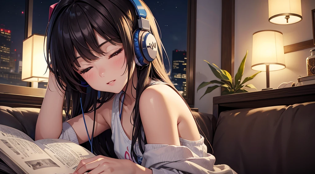 Girl with headphones enjoying music in a home　I am studying　Emphasize a little bit of the big chest　Looking towards me with eyes closed　Night Background