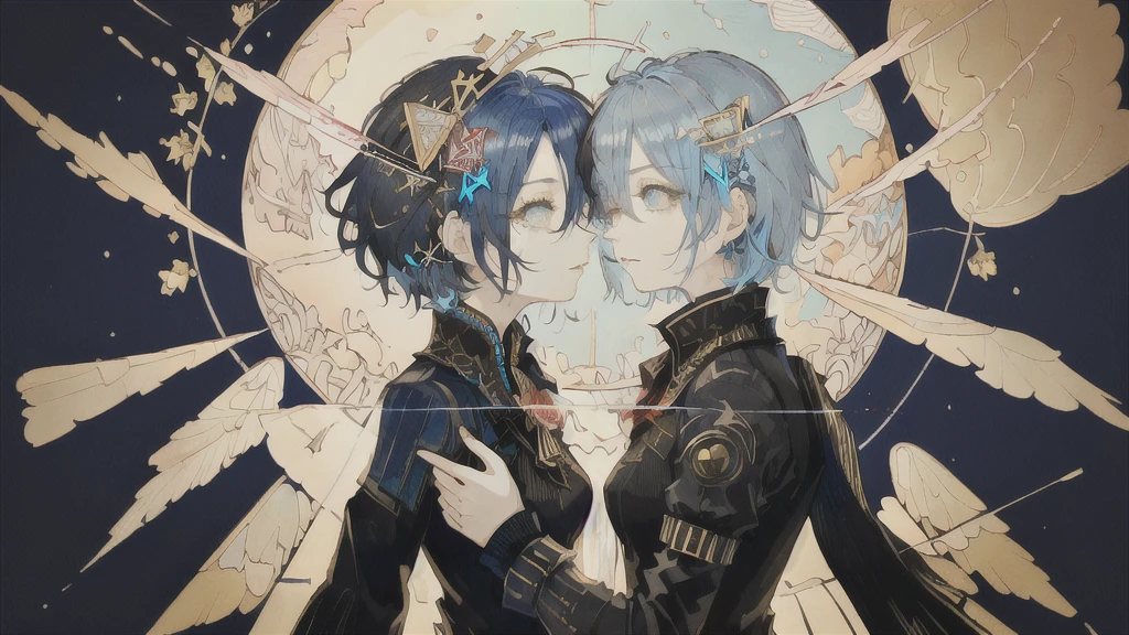 ((Highest quality)), (((masterpiece))), (High resolution), original, Highly detailed 8k wallpaper,Blue Hair、Short bob hairstyle、 (Very delicate and beautiful),((Highest quality)),Limited edition palette, style style style style gird, (style:(style:1.5)(style:1.5)1.5), Limited edition palette,[flat_stylechest, black style eyes, long style red hair, style eyes,Floating black dress), feather over style]style, (Double exposure:1.3),(Glitch Hair+++),(Glitch meets dark blue hair),[Very delicate and beautiful girl who with scarf,feather],(Beautiful and exquisite blue eyes),world masterpiece theater,whole body,cyber punk, moon、star